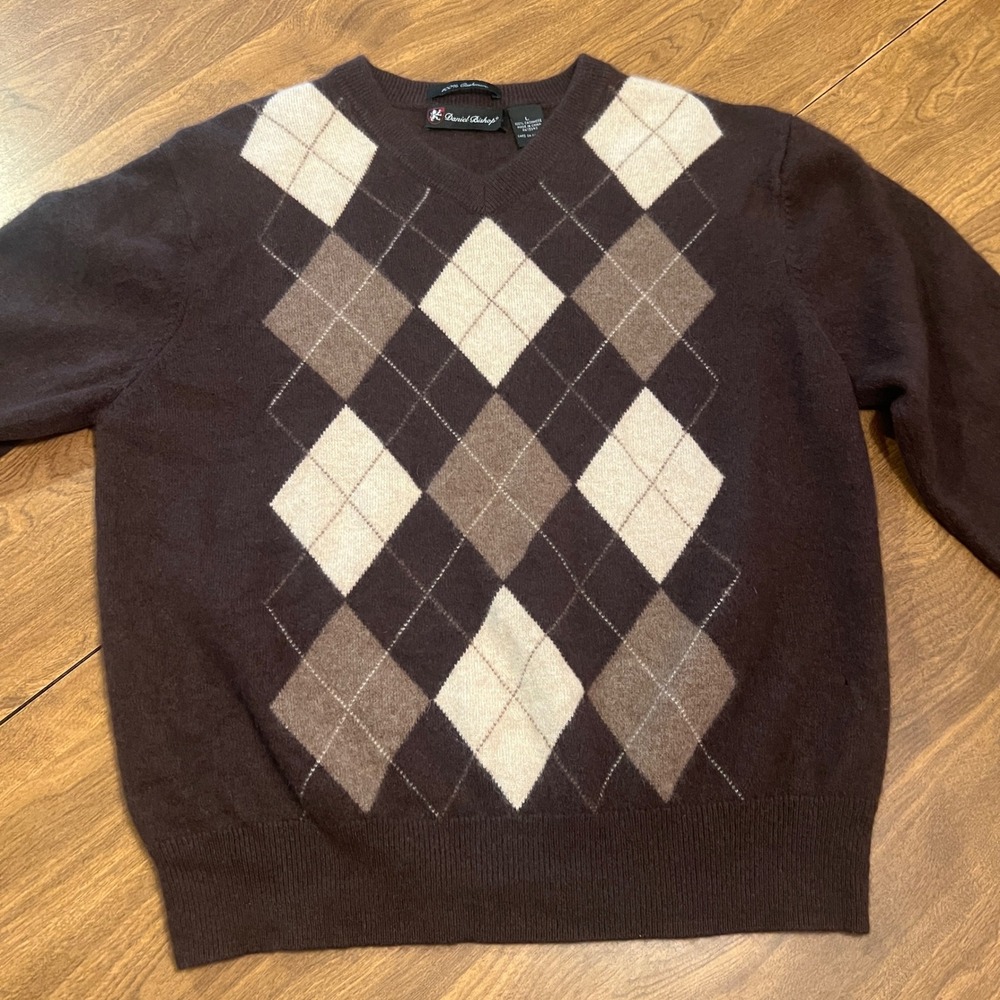 Daniel Bishop Mens 100% Cashmere Argyle V-Neck Sweater Brown Large Pullover